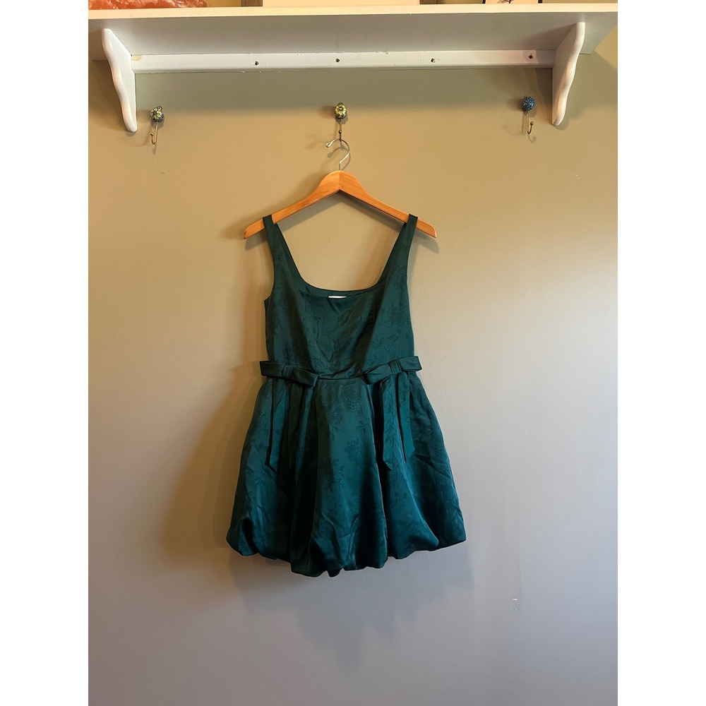 Francescas Emerald Green Floral Jacquard Bubble Hem Mini Dress Bow Waist Small